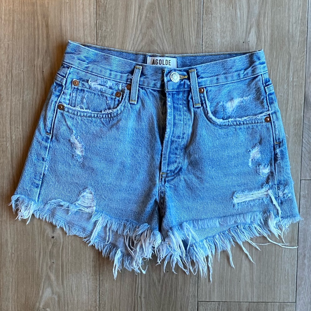 Agolde Light Blue Distressed Jean Shorts
